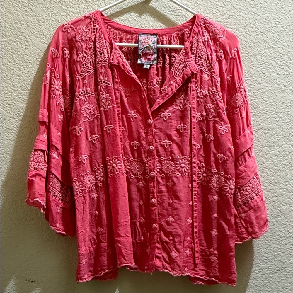 Johnny Was Coral Pink Embroidered Button-Front Blouse
